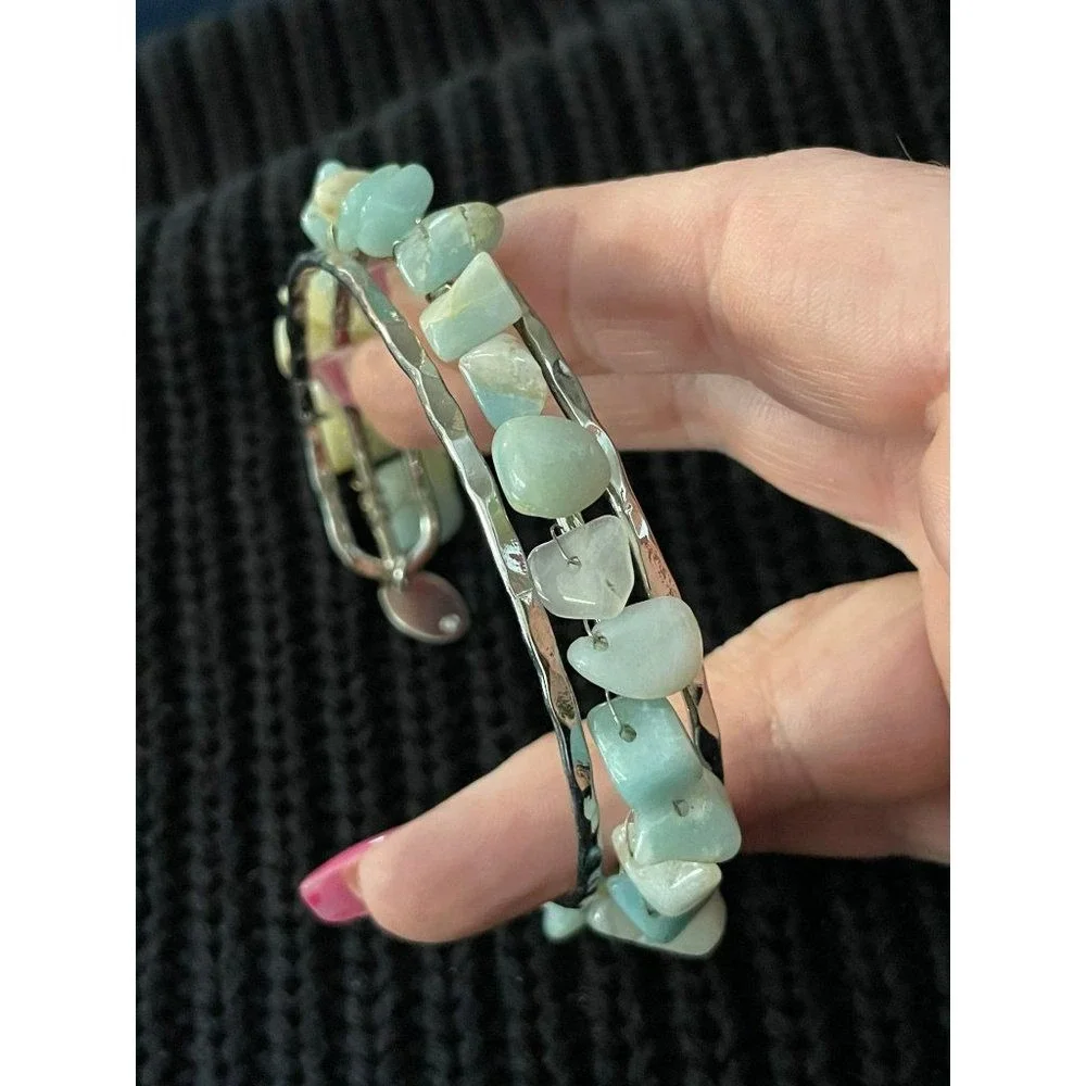 Time and Tru Blue Teal Beaded Half Slip on Bracelet Cuff‎